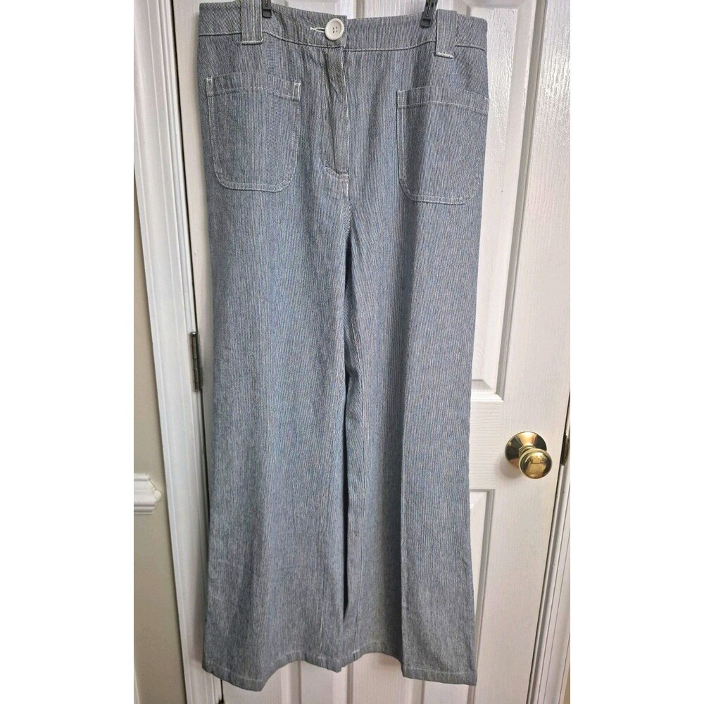 Willi Smith Women's Striped Blue White Flat Front Cotton Pants Button Pockets 12